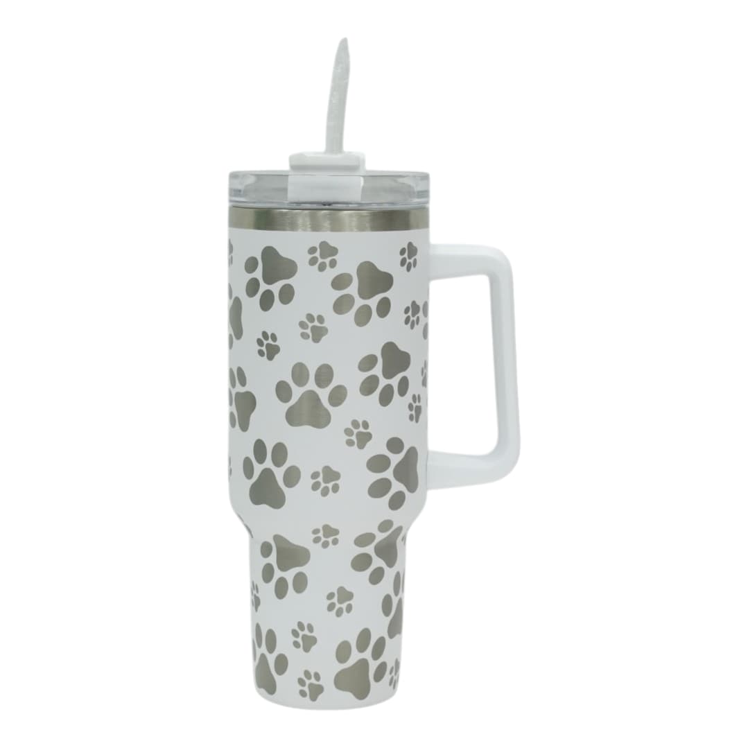 White Paw Print Tumbler with Handle and Straw