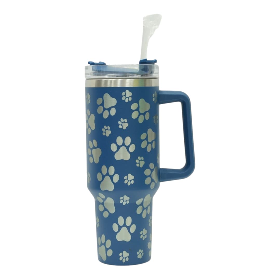 Blue Paw Print Tumbler with Silver Prints