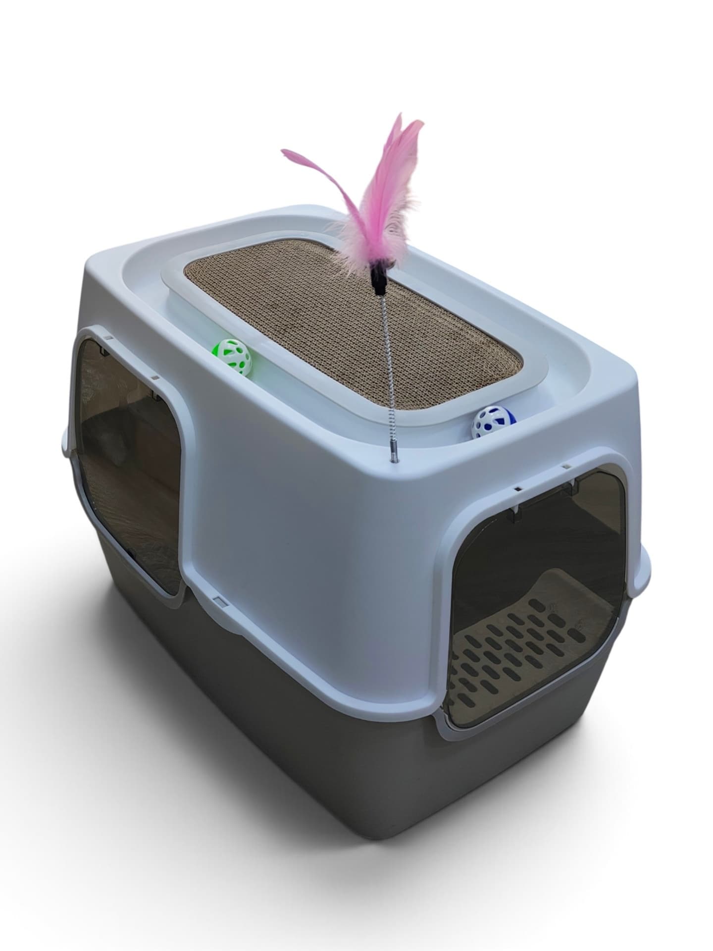 Cat Litter Box with Top Scratcher & Feather Toy